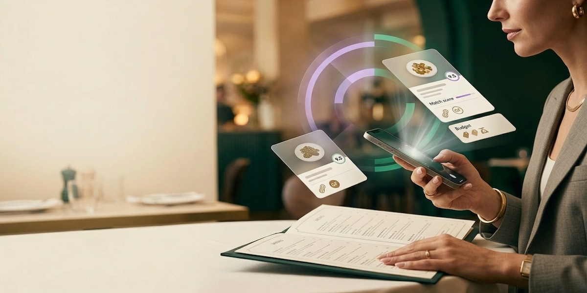 A diner reviews an open restaurant menu on a table while translucent recommendation cards, showing match scores and dietary icons, hover above her phone.